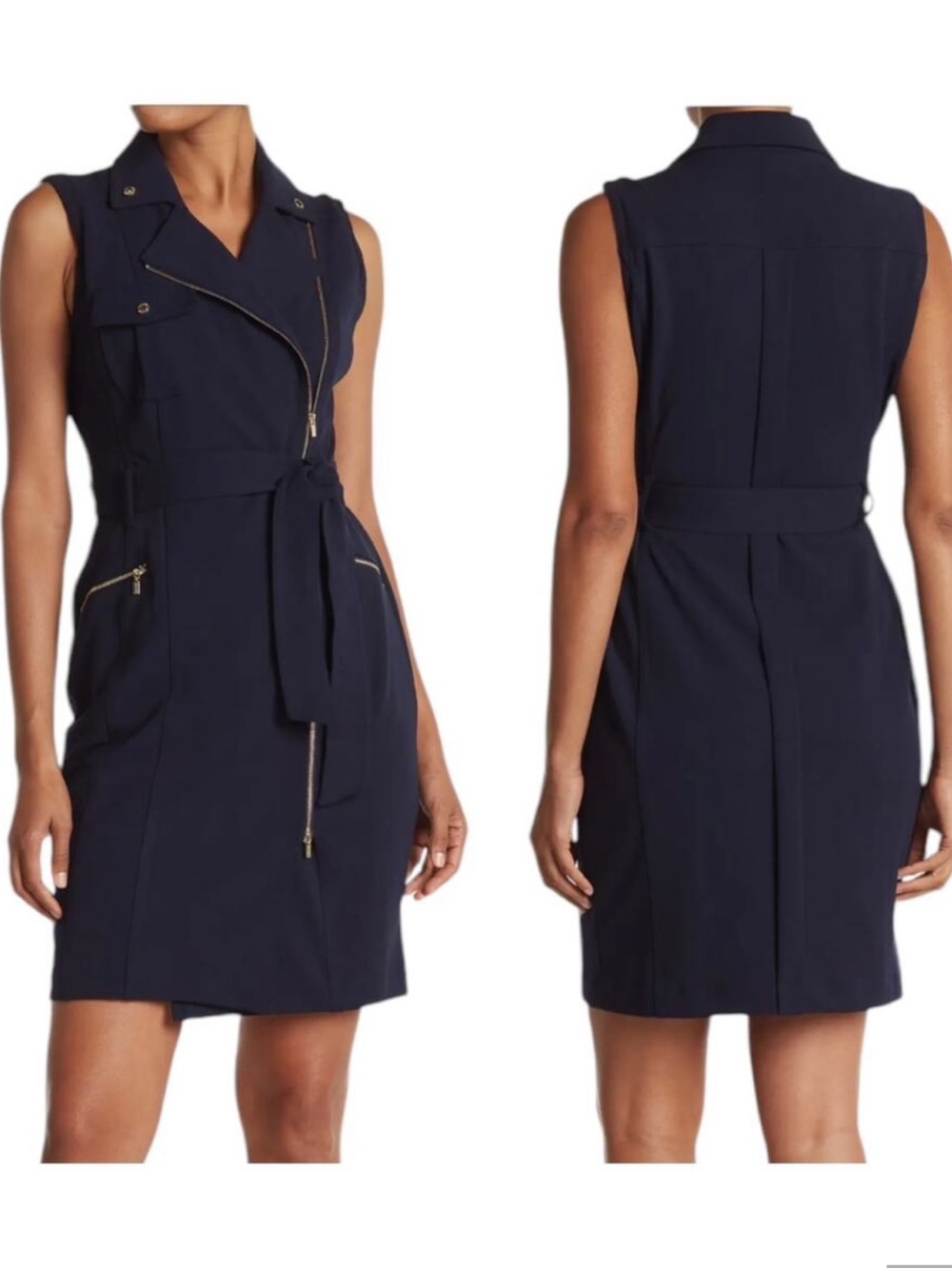 Calvin Klein 🔥 Sleeveless Navy Moto Dress with Golf Zip Hardware & Tie